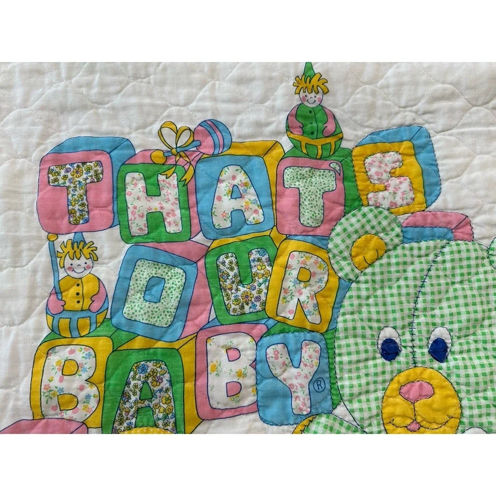 Vtg Lightweight That's Our Baby Bear & Duck & Toys Baby Blanket Quilt Sarin Rim